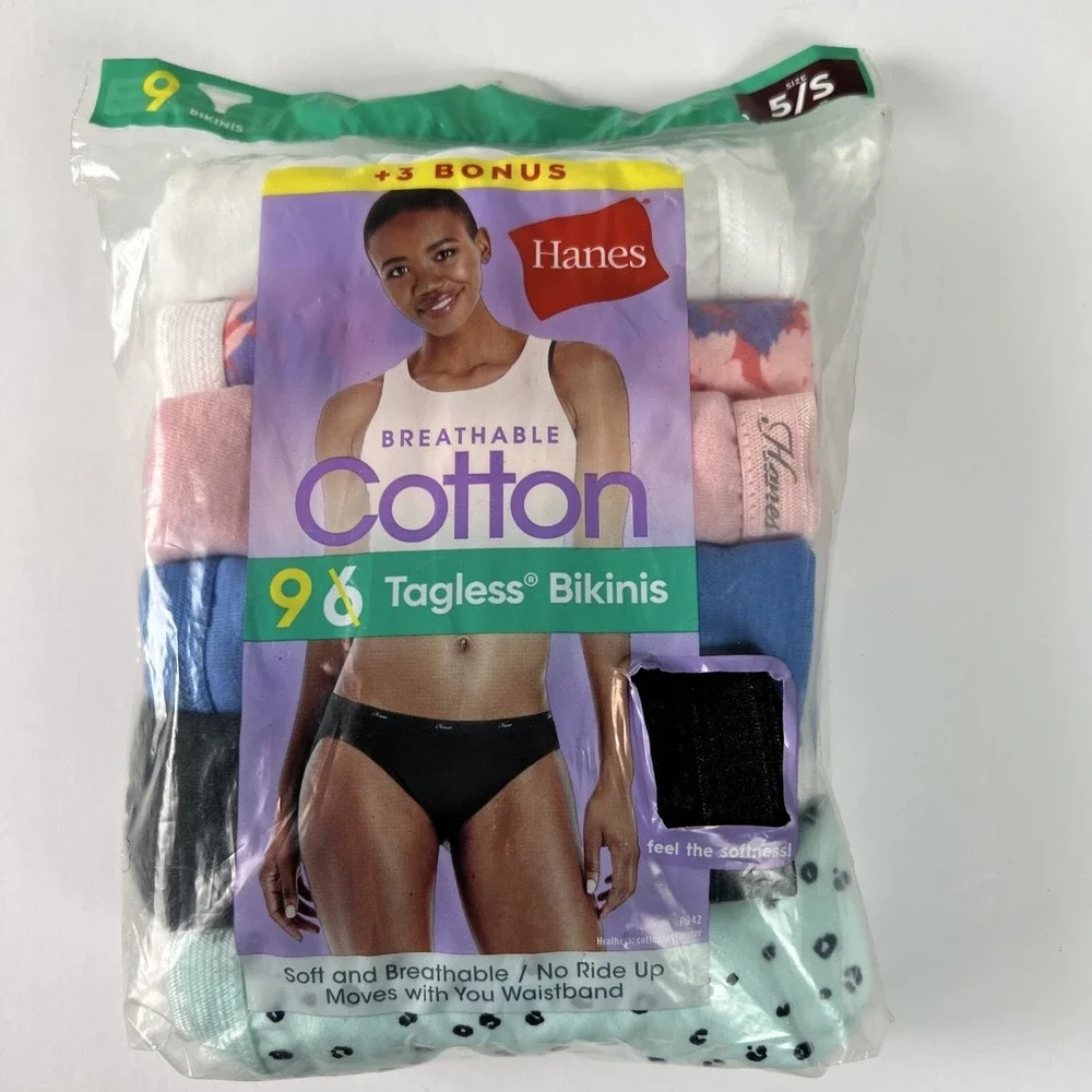 Hanes Women's Bikinis 9 Pair‎ Size 5/S Breathable Cotton Soft Multicolor B40